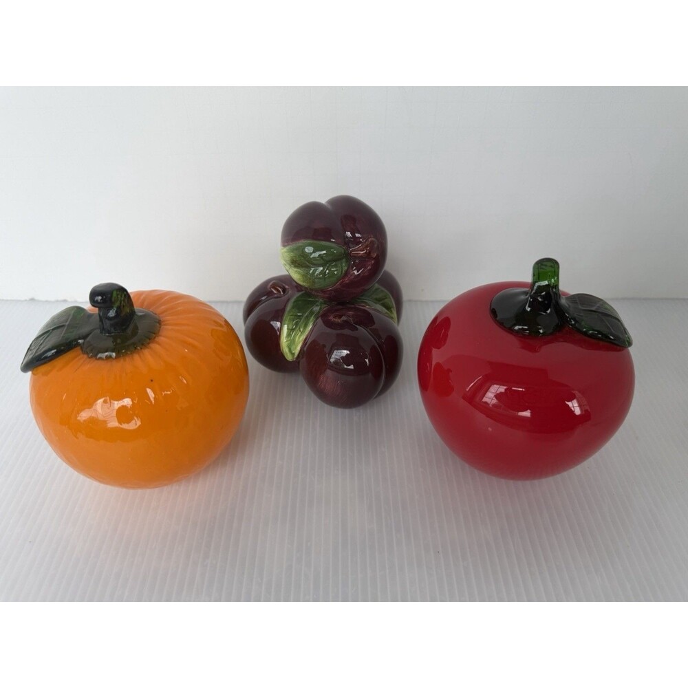VTG Set MCM Murano Style Art Glass Fruit Vegetables Apple Orange Ceramic Plums